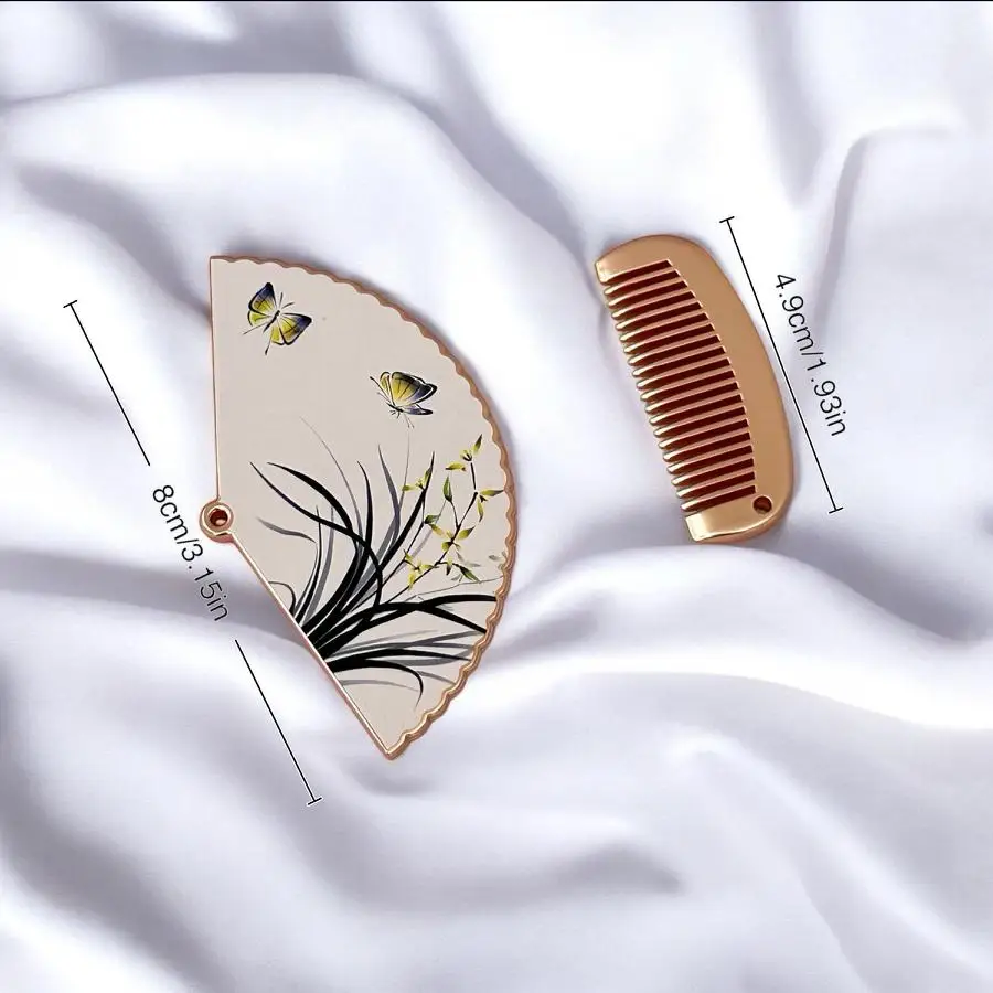Handheld makeup mirror, durable comb set, circular fan-shaped makeup mirror, beautiful touch up mirror