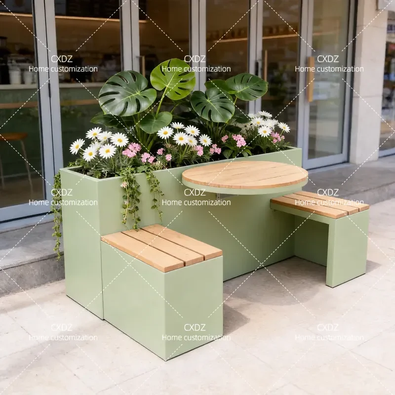 Wrought Iron Stainless Steel Galvanized Outdoor Flower Box Bench Table Stool for Commercial Street Square Coffee Shop