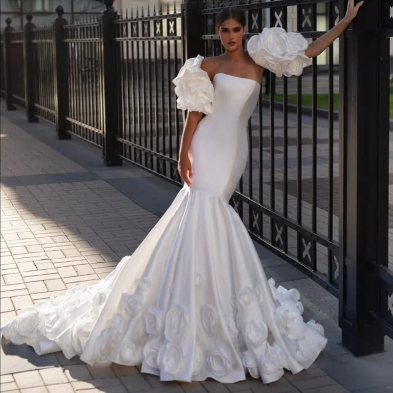 Satin White Appliques Wedding Dresses off-shoulder 3D flower Fishtail Skirt decal Gowns Made wedding dress Customized