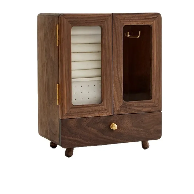 Double Door Solid Wood Flocked Jewelry Cabinet, Premium Storage Organizer for Ring Necklace Jewels