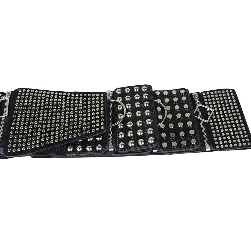 Elastic Rivet Cummerbund Belt para senhoras, malha preta larga cintura, corpo emagrecedor, cintura alta, cintura de zíper, decorativo, moda