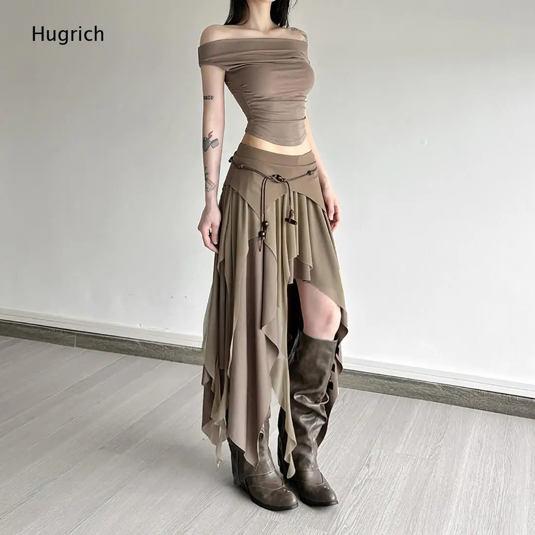 Color Block Patchwork Irregular Skirt Wooden Bead Drawstring High Low Asymmetric Maxi Skirt Vintage Layered Wrap Skirt for Women