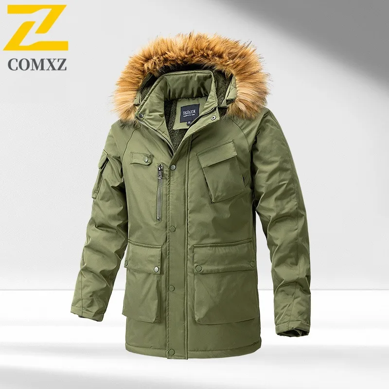 COMXZ 2025 Mens Korean Thickened Fleece Long Winter Jacket American Style Waterproof And Windproof Leisure Outdoor Sports Coat