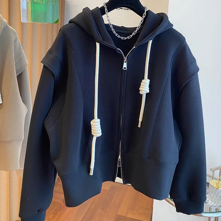 Herfst Nieuwe Minimalistische Hoodie Met Dubbele Ritssluiting Voor Dames Instagram Short Splicing Design Effen Kleur Jas Voor Meisjes Kleding Top