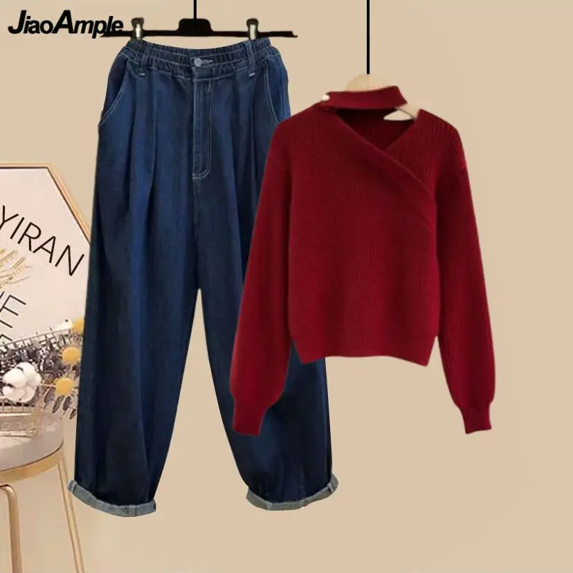 Women's Autumn Winter Halter Red Lucky Sweater Denim Pants 1 or Two Piece Set Lady Casual Joker Knit Tops Jeans Outfits 2024