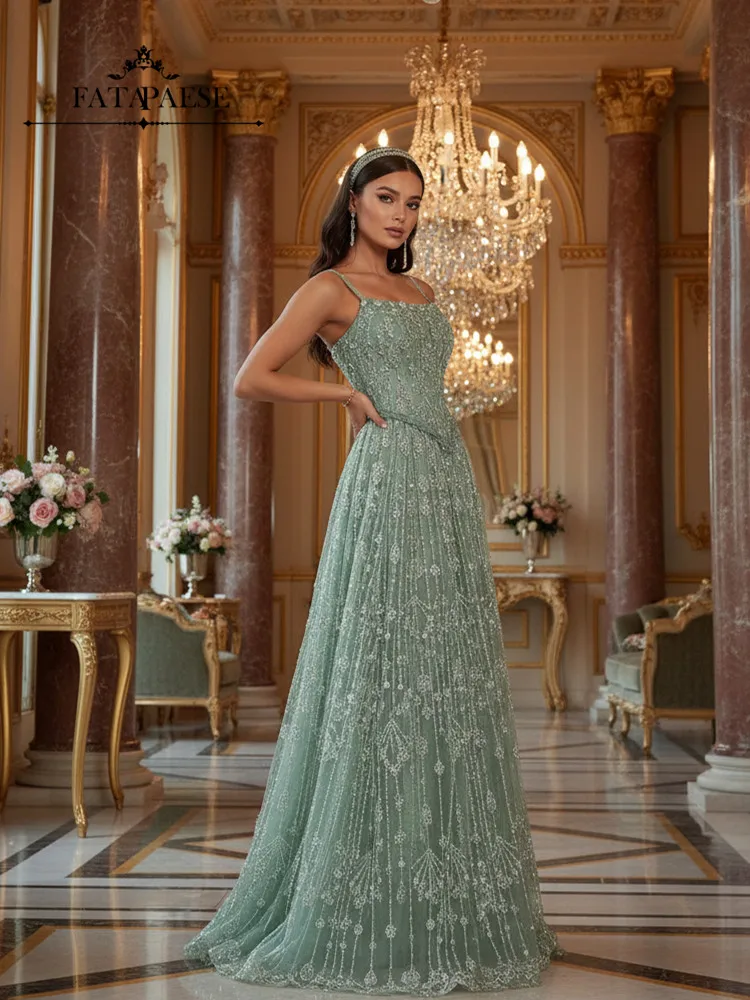 

FATAPAESE Sage Green Luxury Evening Dresses 2026 Bling Rhinestones Beads Sexy Spaghetti Straps Evening Gowns for Wedding Party