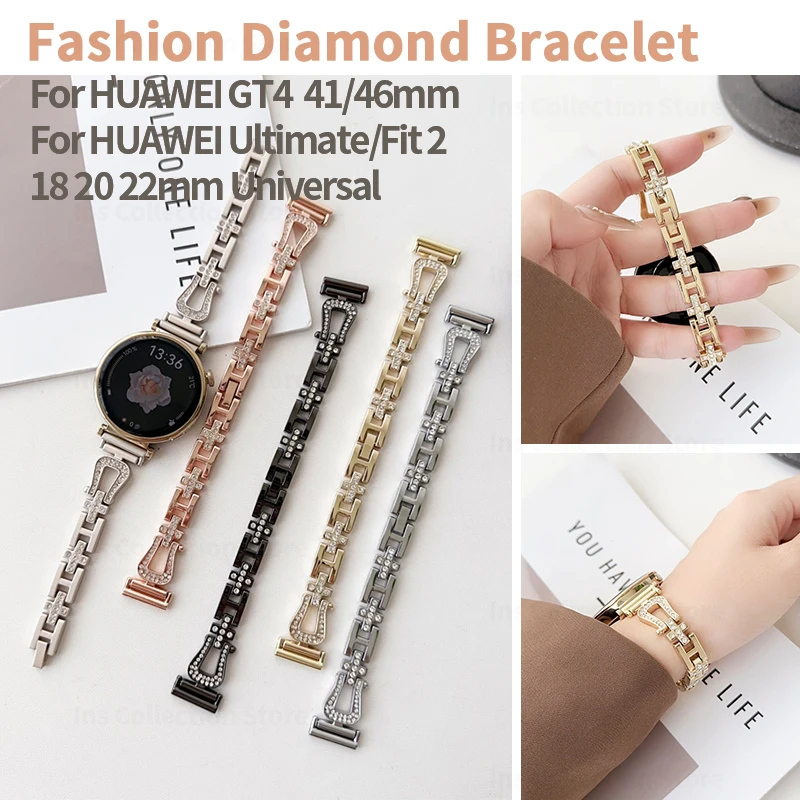 18mm 20mm 22mm Fashion Diamond Bracelet for Huawei Watch GT 4 41mm 46mm Women Metal Link Strap for Huawei Watch Fit 2 Accesorios