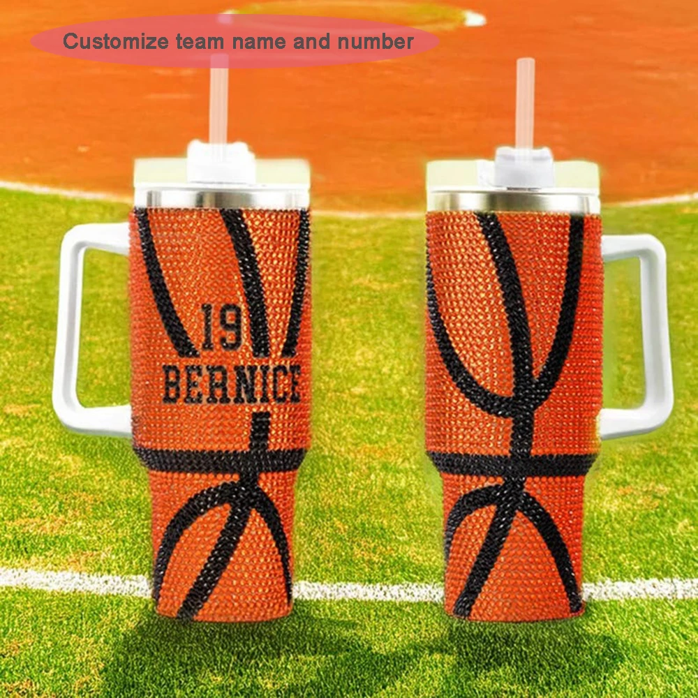 Vaso de pelota deportiva con número de nombre personalizado, taza brillante de 40oz con asa y pajita, regalo para fanáticos y jugadores de los deportes del día del juego