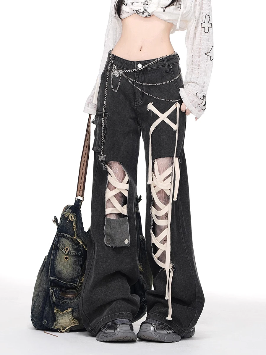 REDDACHiC Punkowe Czarne Jeansy Cargo Damskie z Ćwiekami, Sznurowane, z Dziurami, Kieszeniami, Wysokim Stanem, Szerokimi Nogawkami, Retro Harajuku Streetwear — zdjęcie 3
