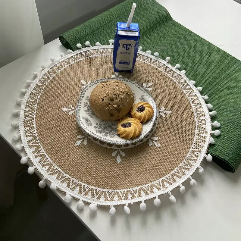 Vintage Pastoral Round Cotton Linen Placemats Handwoven Jute Tassels Placemats Soft Non-slip Table Pads Vase Mats Accessories