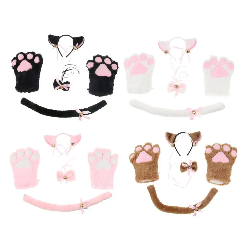 Cat Cosplay Set Plush Gloves Kitten Ear Tail Collar Paws Party Costume