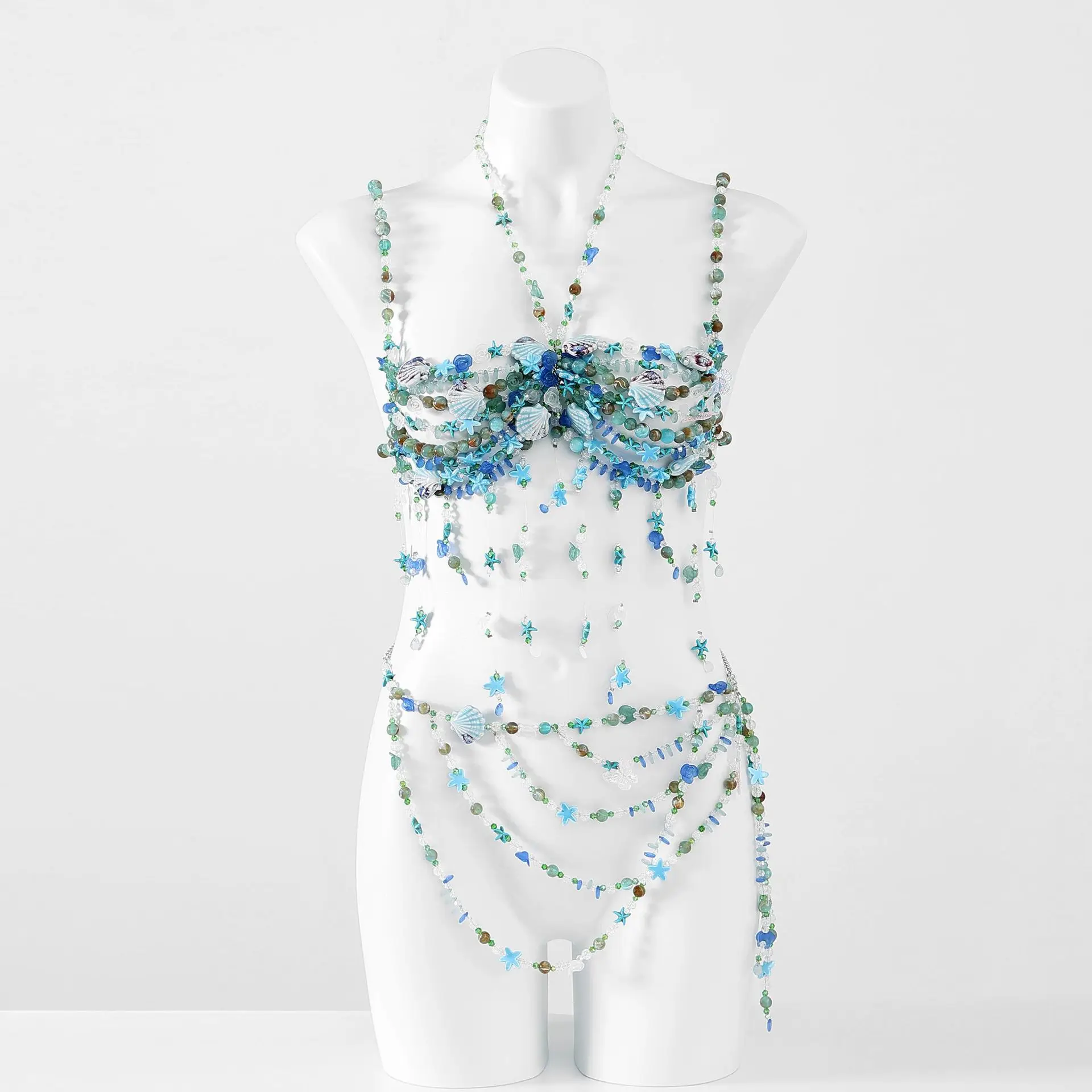 Fashionable And Sexy Gradient Color Glass Bead Chest Chain, Colorful Bead Body Chain, Adjustable Underwater World Shell Bead Top