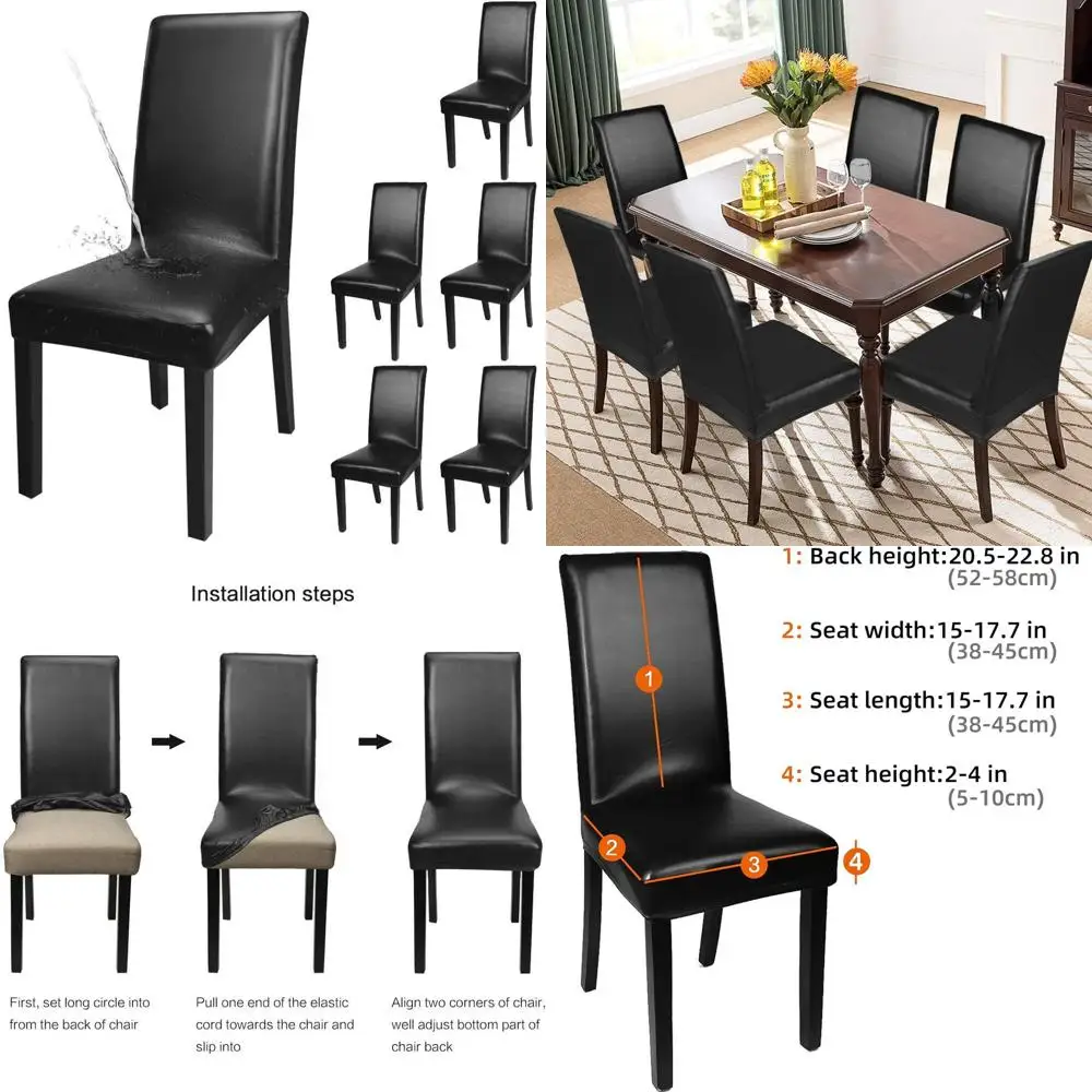 

Водонепроницаемые и маслостойкие чехлы для обеденных стульев из искусственной кожи, эластичные защитные накидки (черные, 6 шт.)