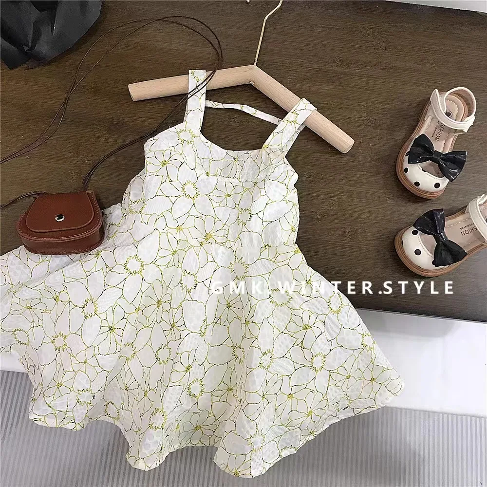 Children's clothing summer girls' dress 2024 baby's stylish ruffle edge suspender skirt girls' vacation skirt