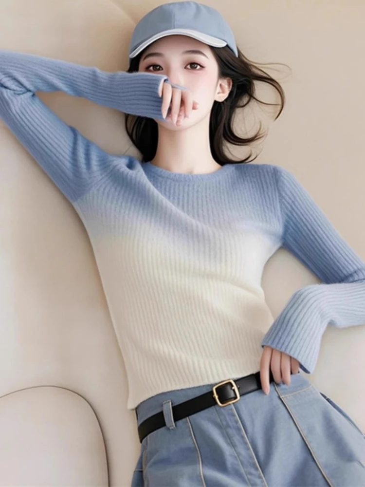 

2025 Autumn Winter New Pullovers Gradient Long Sleeve O Neck Female Slim Thin Sweaters Fashion Elegant All Match Women Clothing