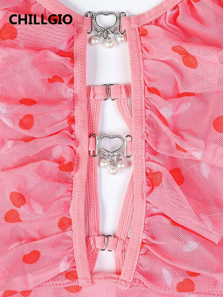 CHILLGIO Summer Dresses 2025 Mesh Women Print Erotic Sheer Hollow Out Strappy Dress Sexy Thong Sweetcute Mini Dresses Pajamas