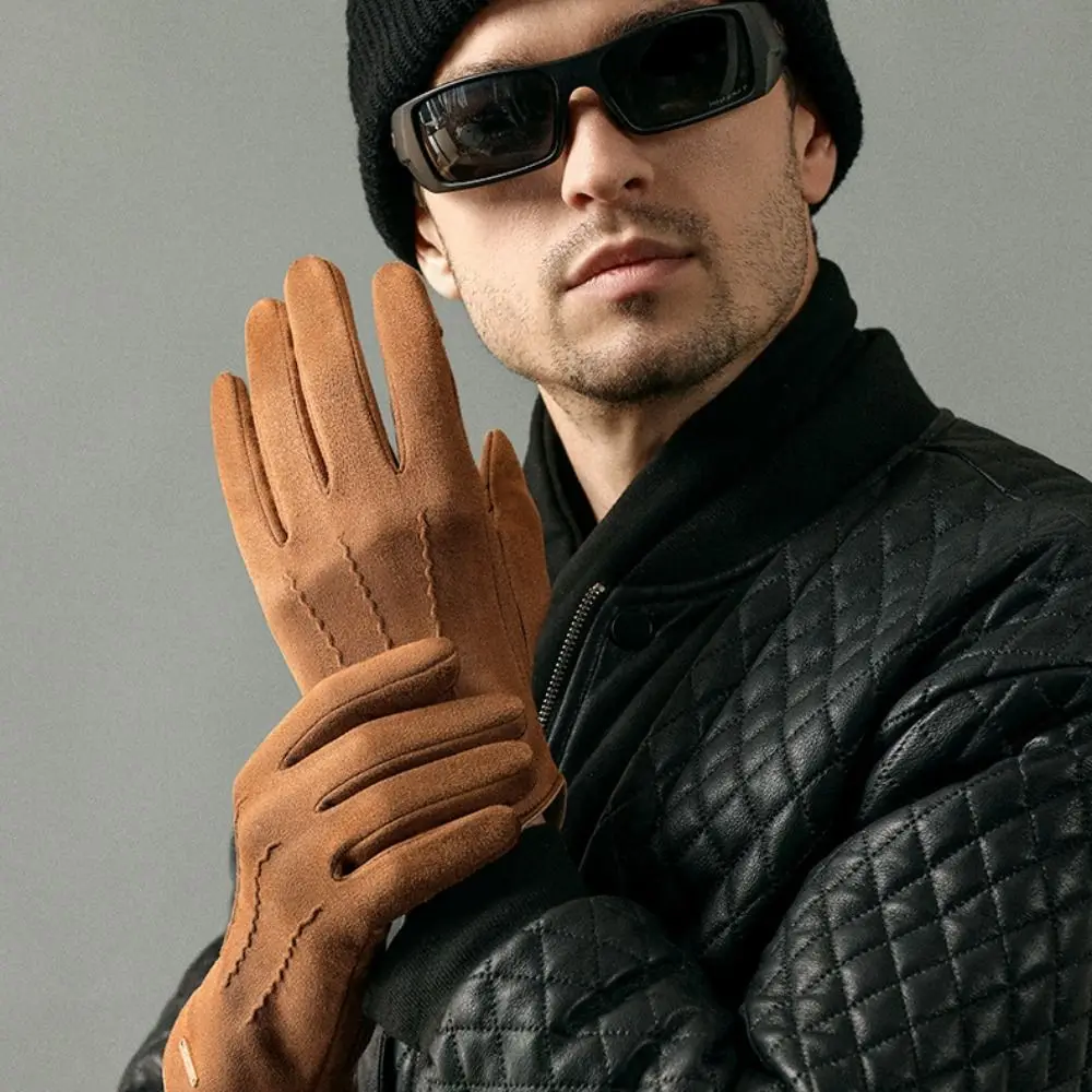 Touch Screen Men Full Finger Mittens Thicken Warm Man Suede Gloves Cycling Gloves Ski Mittens Five Finger Driving Gloves Winter