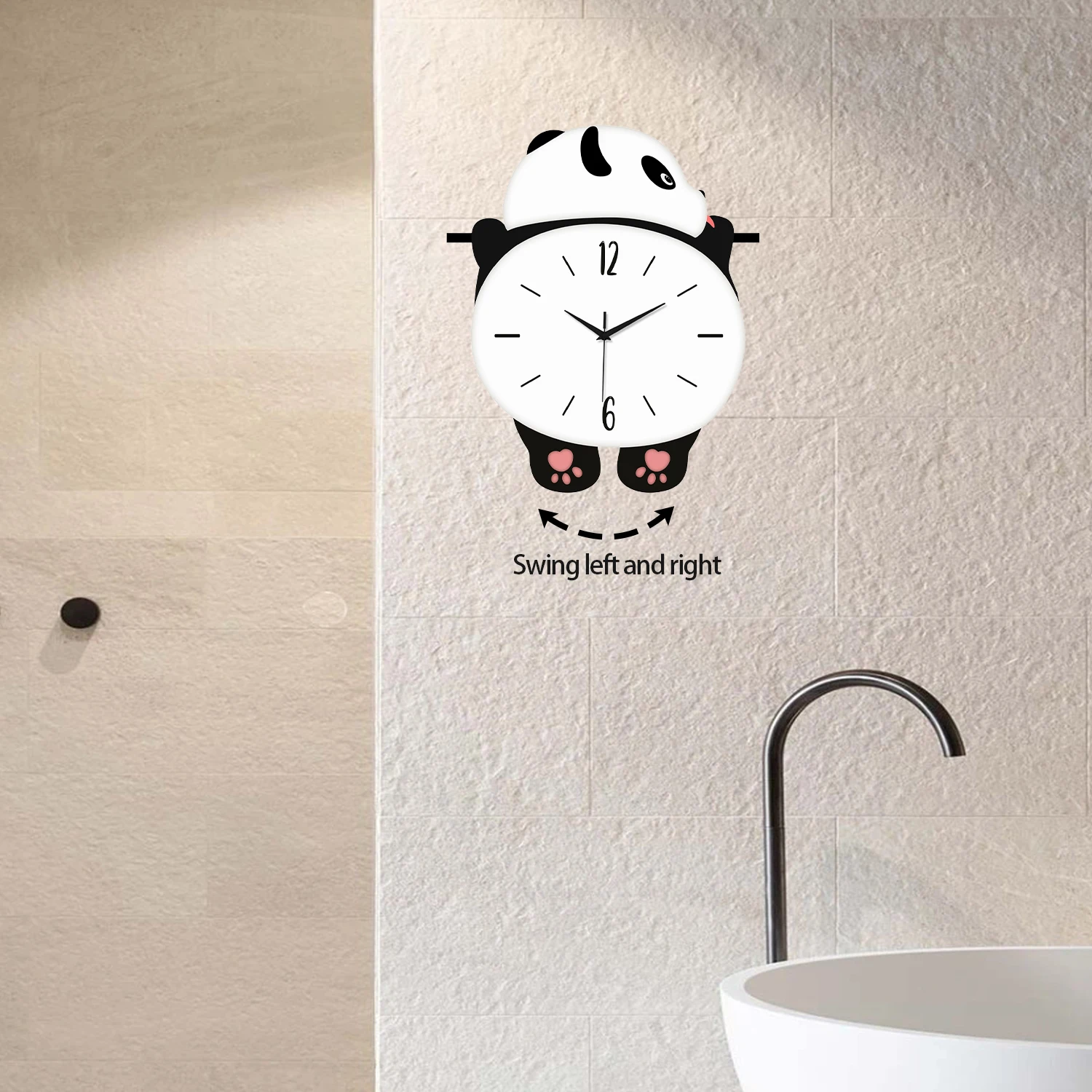 A Modern Cute Wooden Panda Silhouette Clock with Pink Paws, Large Swinging Wall Clock, Battery-Powered Silent Swinging Clock for Living Room, Bedroom, Home, Kitchen, Aesthetic Room Decoration, Unique Gift (Battery Not Included)