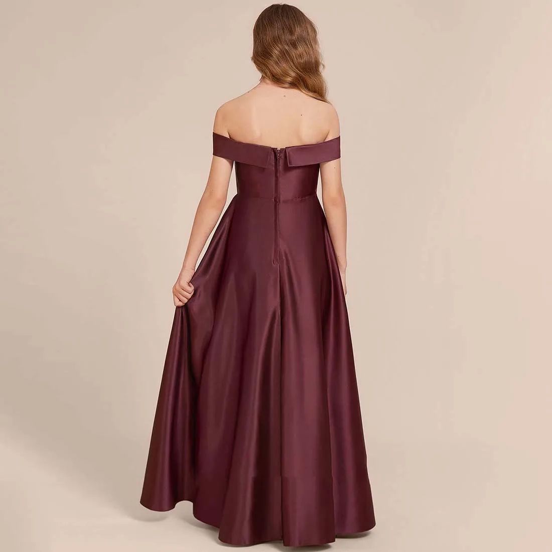 GIOIO A-line Off the Shoulder Floor-Length Satin Junior Bridesmaid Dress