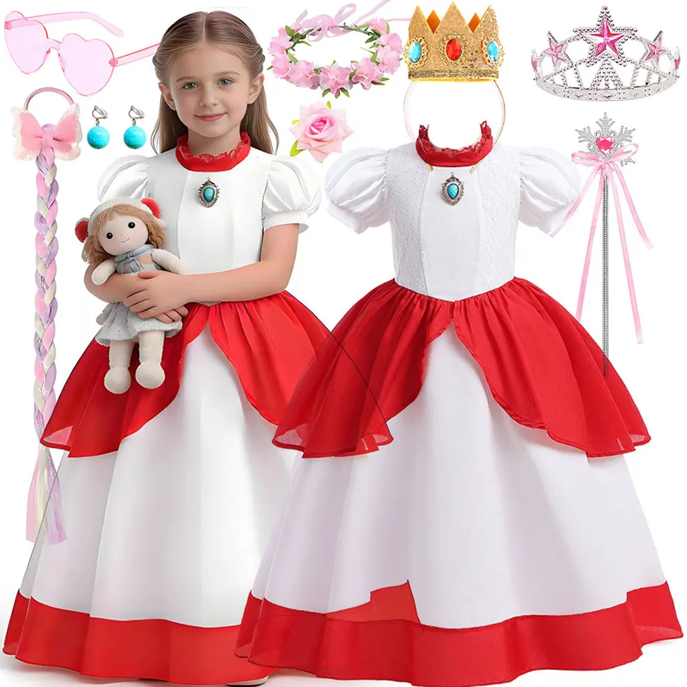 

Disney Princess Peach New White Princess Dress Girl Cosplay The Super Galaxy Movie Princess Short Sleeves Dress Accessories Set