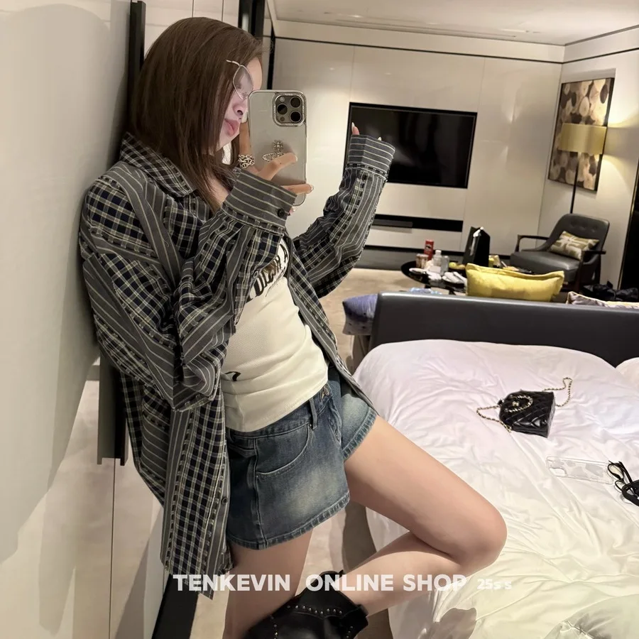 

Vintage Patchwork Plaid Shirts Women Autumn Long Sleeve Oversize Button Up Shirt Korean Fashion Casual Fall Outwear Tops 2025
