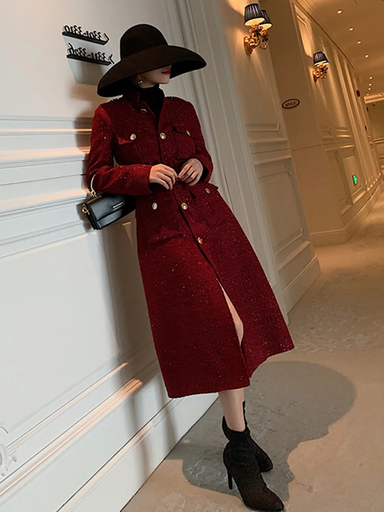 Imagem -04 - Cabolsa de Tweed Vermelho Feminino Trench Coat Gola de Terno Bolsos Cinto de Cintura Cabolsa de lã Xadrez Longo Senhora do Escritório Outono Inverno 2023