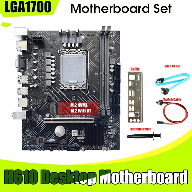 H610 Motherboard+SATA Cable+Thermal Grease LGA1700 DDR4 PCIE 16X Gigabit LAN For G6900 G7400 I3 12100 I5 12500 12Th CPU