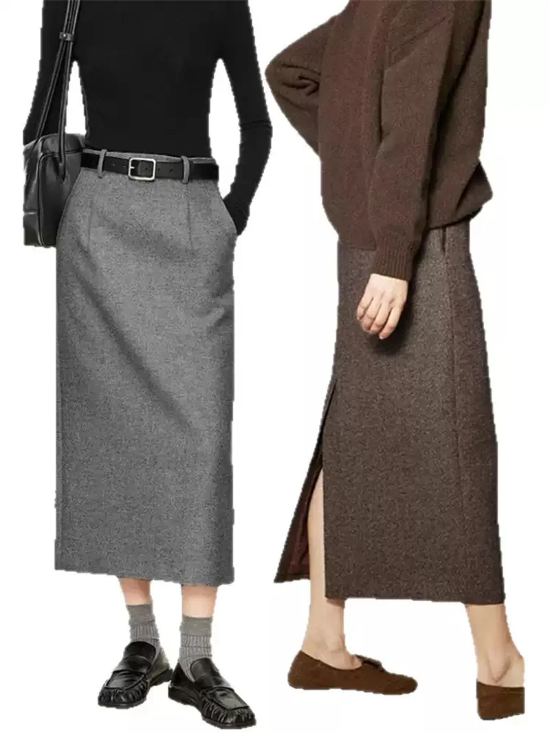 2026 New Minimalist Style Jupe Women Fashion Back Slit High Waist Solid Color Woolen Midi Skirt