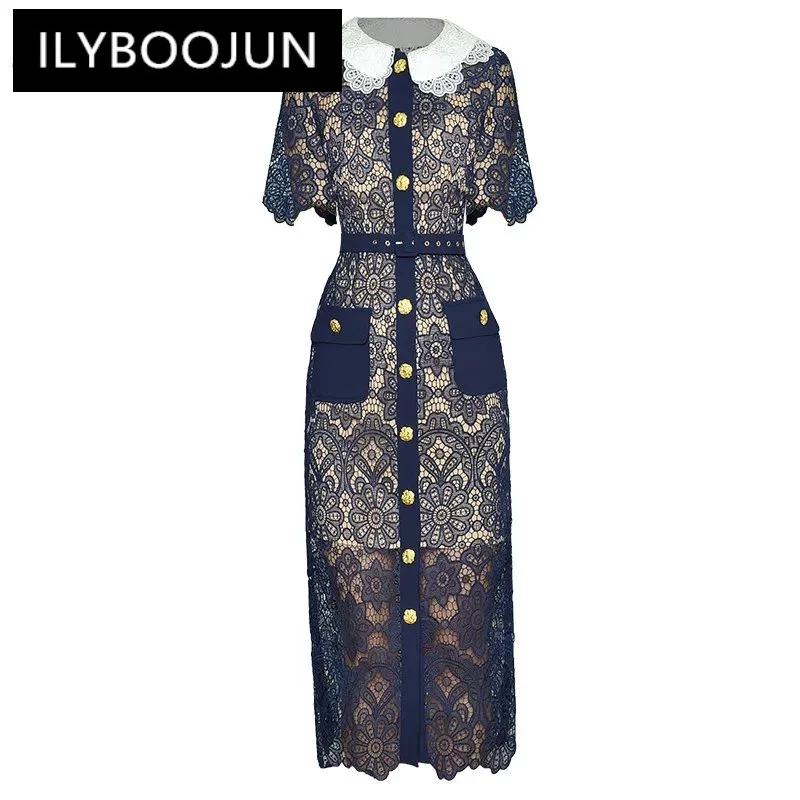 

ILYBOOJUN Fashion Designer dress Summer Women Dress Peter pan Collar Hollow-out Golden Buttons Slim Pencil Dress