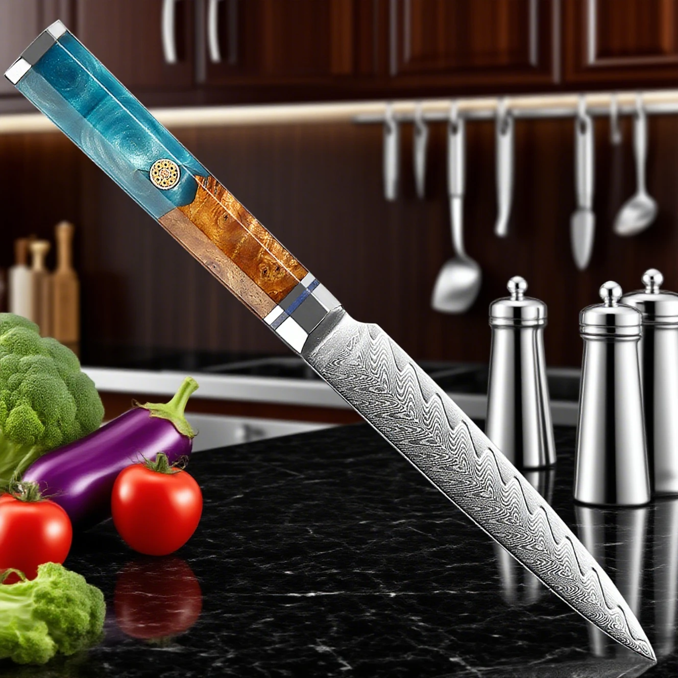 5 Inch Utility Knife Japanese Damascus Steel Fruit Paring Knife Western Dinner Knife Kitchen Steak Knife Octagonal Handle