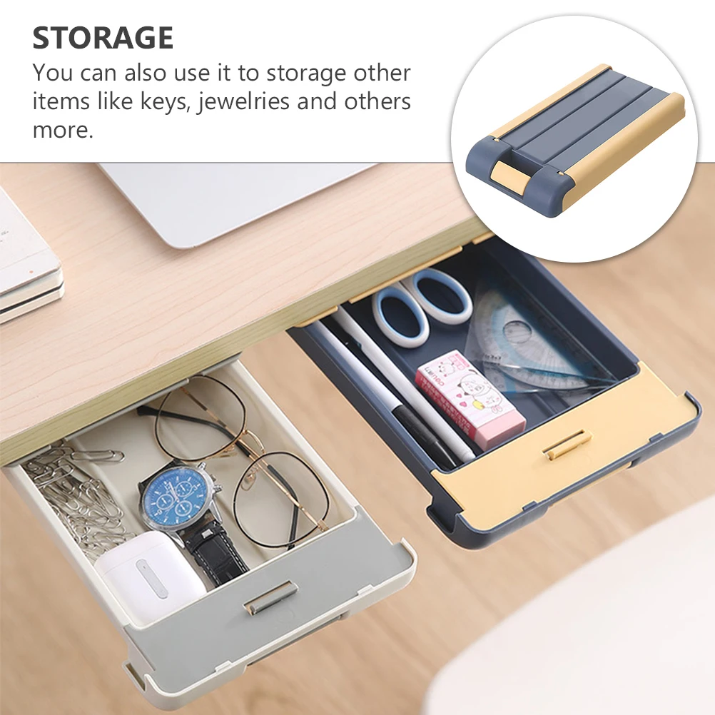 

Drawer Key Box Self-adhesive Hidden Storage Tray Pencil Case Plastic under Desk Blue