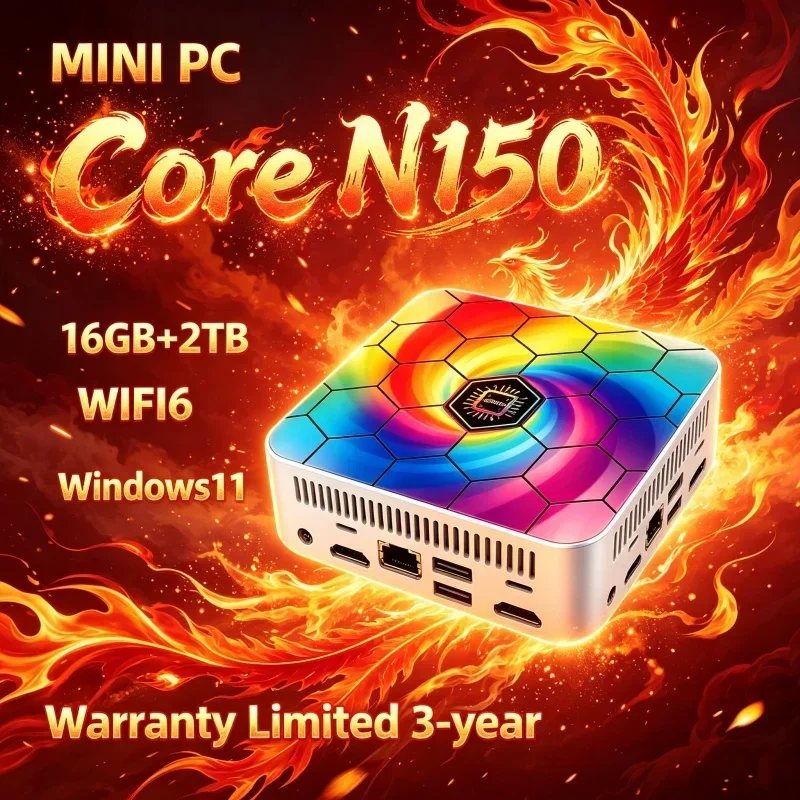 Must‑have Mini PC Core N150, Pocket‑sized Rainbow Gradient Shell 16GB RAM 1TB 2TB SSD WiFi6 BT5.2 Win11 4K Game Office Host