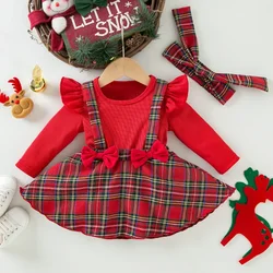 New Born Baby Clothes Christmas Newborn Clothes Baby Wrap Bottom Skirt Long Sleeve Xmas Party Bow Plaid Baby Dress