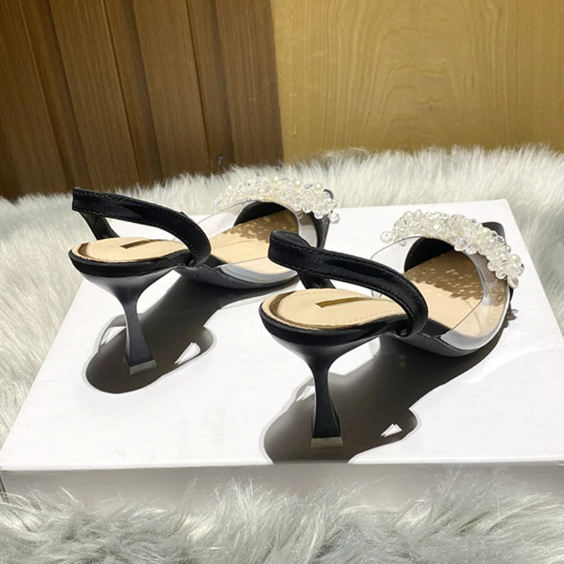 Summer Women Baotou Sandals 2025 New French Transparent Pointed Toe Crystal Stiletto Heel Sandals Pumps Zapatillas Mujer