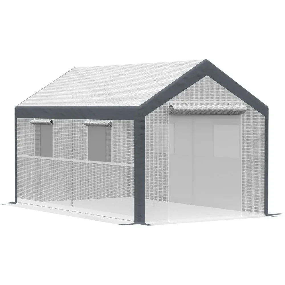 12' x 7' x 7' Walk-in Greenhouse, Outdoor Garden Warm Hot House with 4 Roll-up Windows, 2 Zippered Doors and Weather Cover