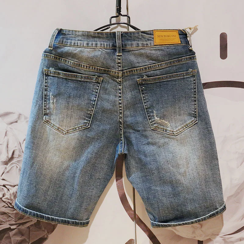 Summer Trendy Brand Men's Denim 5/5 Shorts Korean Edition Ins Style Fashion Straight Tube Piercing Middle Pants