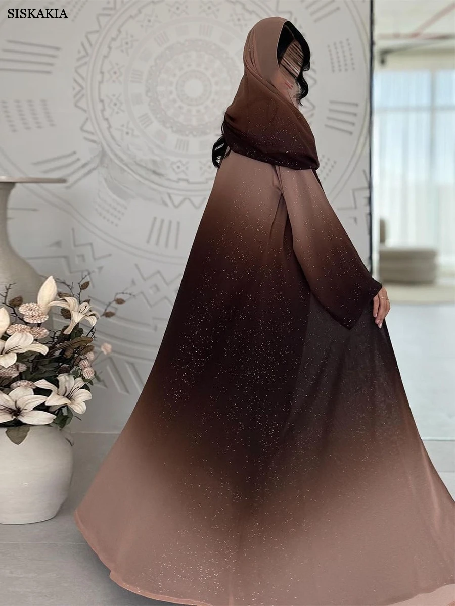 Siskakia Fashion Chiffon Gleam Shiny Gradient Long Sleeve Open Abaya Caftan Marocain Femme Saudi Luxury Woman Evening Dress