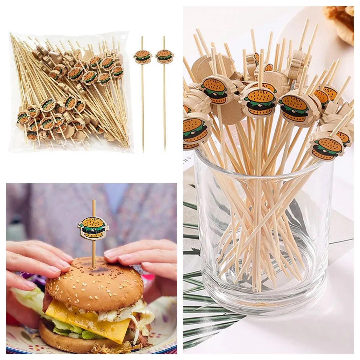 100pcs/pack Hamburger Decor Bamboo Food Picks Garnish Bamboo Stick Disposable Fruit Stick Snack Skewers Party Buffet Sandwich