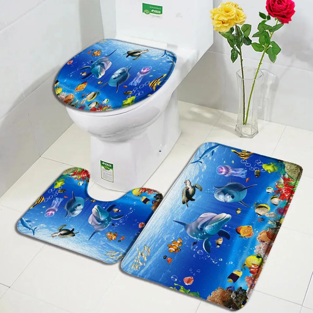 Funny Dolphin Bath Mat Set Sea Turtle Fish Animal Underwater Scenery Children Bathroom Decor Carpet Non-Slip Rug Toilet Lid Mats