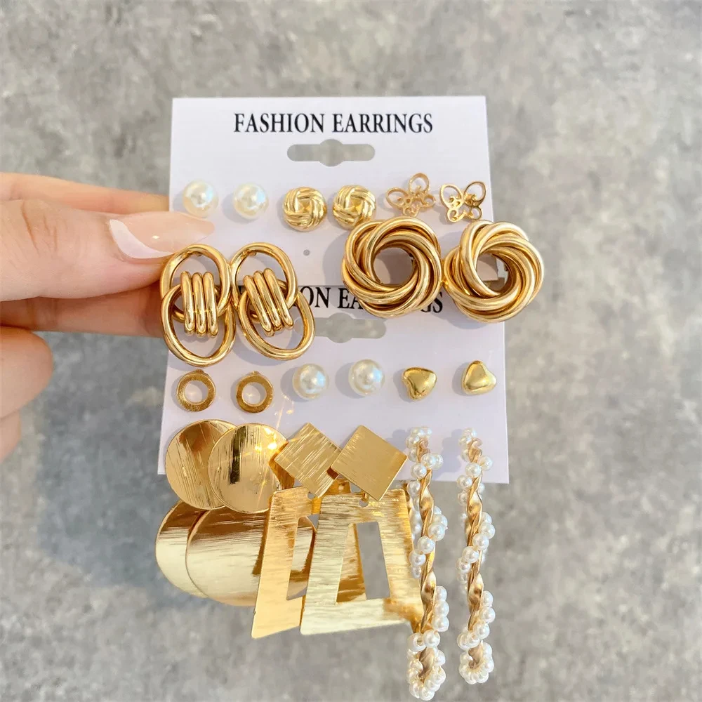 Vintage 2Sets/Pack Gold Color Metal Twist Pearl Hoop Earrings for Women Girls Geometric Knot Heart Dangle Earring Set Jewelry image 2