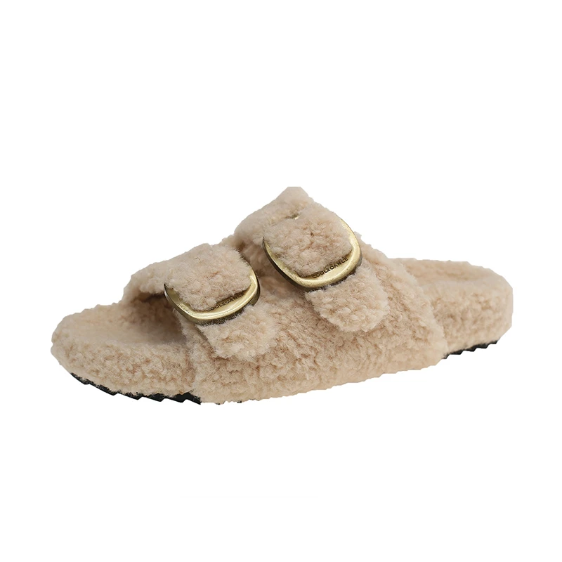 2026 New Women's Fluffy Slippers Thick-Soled with Double Buckle and Wool Lining Versatile Home Lazy Shoes Cotton Slippers 35-40