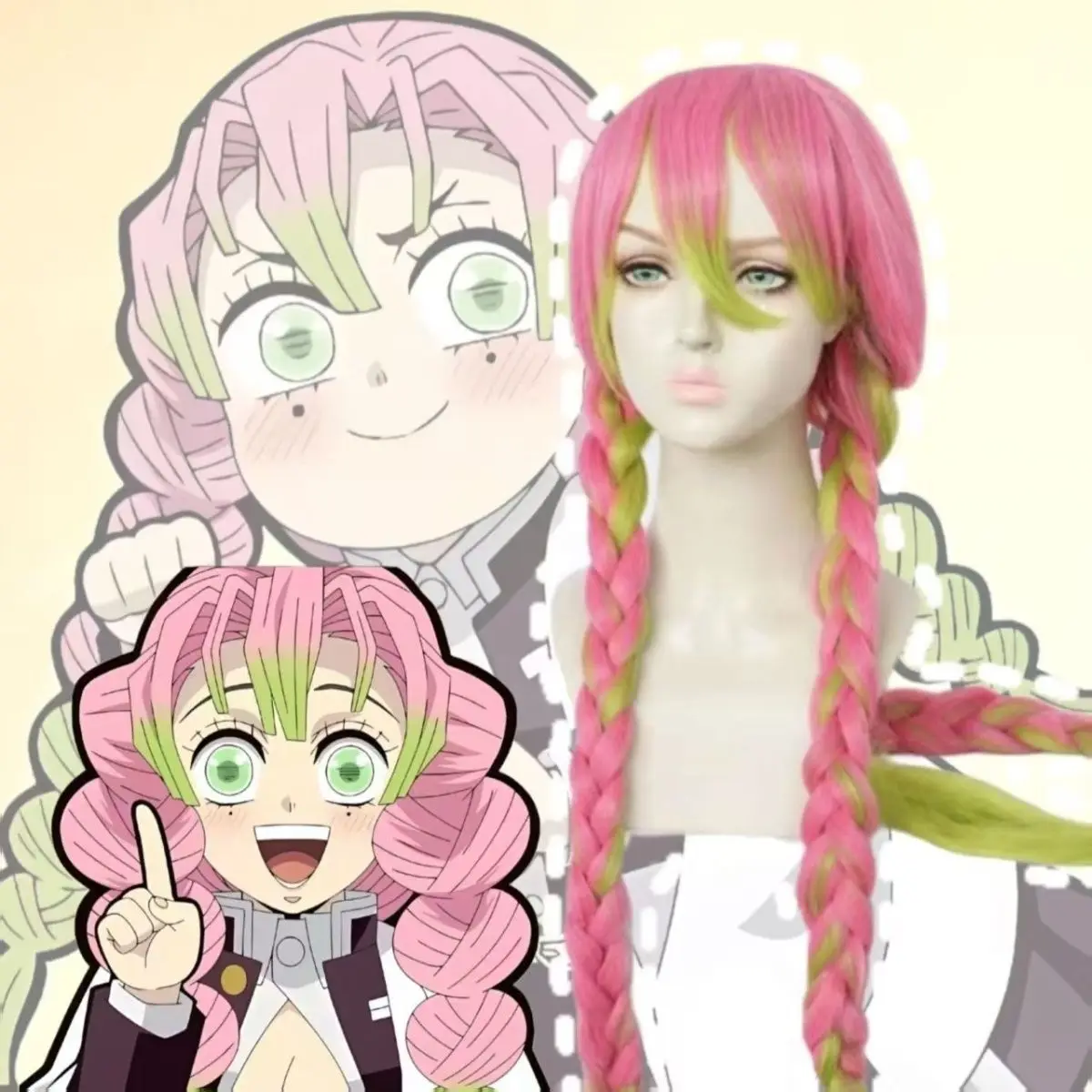 ‌Kimetsu no Yaiba Demon Slayer - Mitsuri Kocho Cosplay Wig, Pink Hair Anime, Ready to Wear