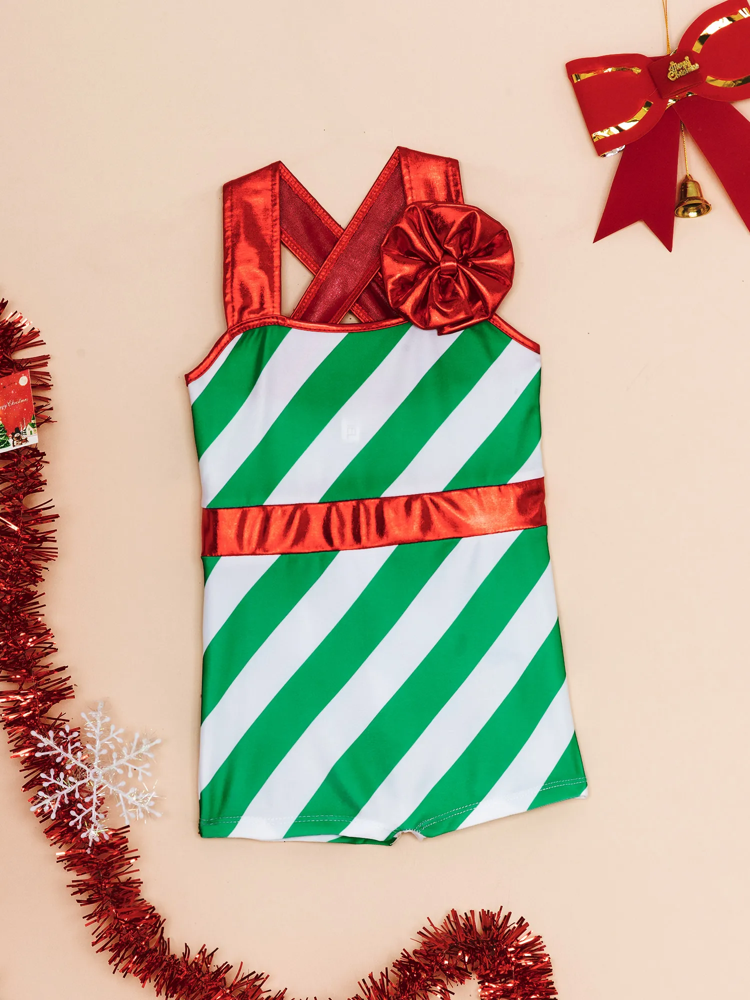 الفتيات عيد الميلاد أزياء رقص قصب الحلوى مخطط ارتداءها عبر الكتف الأشرطة عيد الميلاد سانتا قزم Unitard رداء رقص الباليه بذلة