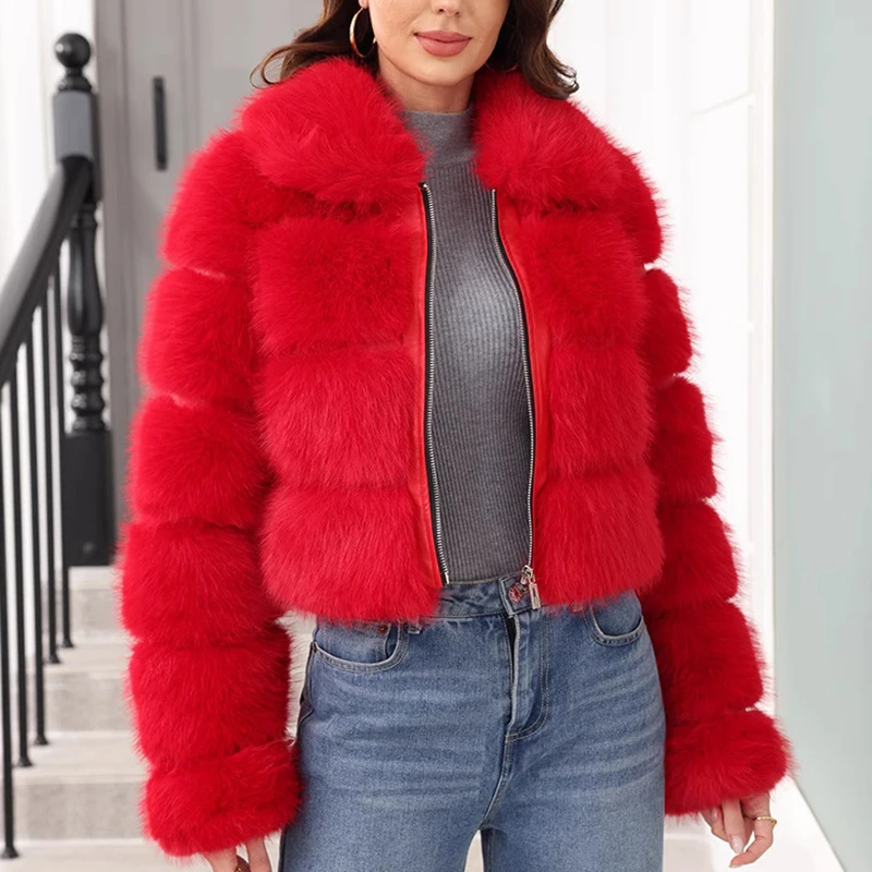 เสื้อโค้ทขนเฟอร์เทียมแบบใหม่สำหรับผู้หญิง เสื้อผ้าฤดูหนาว หนา อุ่น แขนยาว สไตล์สั้น อเนกประสงค์ ดีไซน์ต่อผ้าขนสัตว์เทียม ซิป