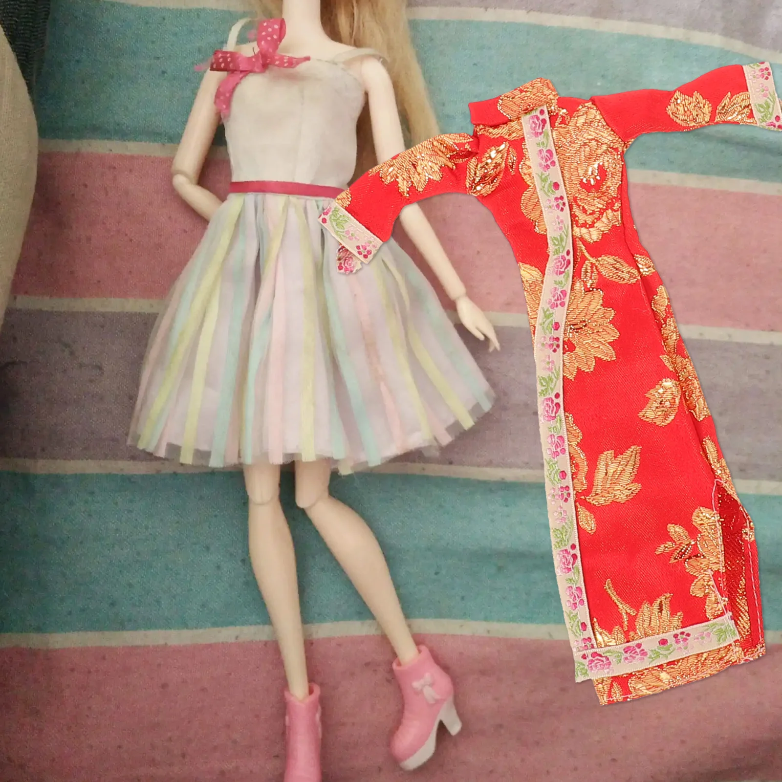 

4 комплекта, мини-свадебное платье Cheongsam для 30 см, винтажное платье с цветочным принтом для детей, наряд, детский костюм для ролевых игр, аксессуар