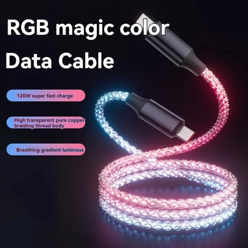 

120W Flowing Led Luminous RGB USB A To Type C Charging Cable Sync Data Usb Cable for IPhone 17 16 Pro Huawei Samsung Oppo Vivo