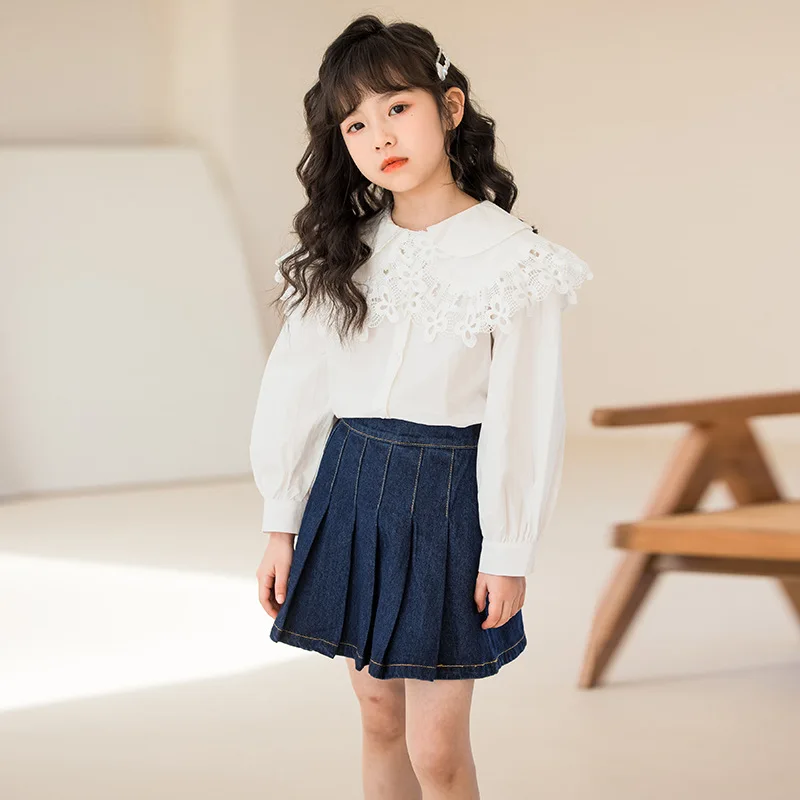 

Children Girls Autumn Dress Sets Lapel Single-breasted T-shirt+Denim Skirt Baby Girls Sets Long Sleeves Kids Girls Two-piece Set