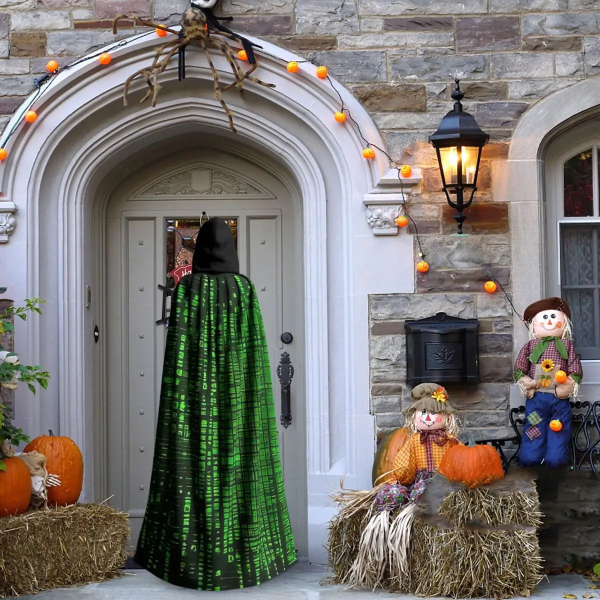 ديناميكية مصفوفة ثنائية رمز طويل مقنع عباءة ساحرة القرون الوسطى زي تأثيري كيب HalloweenParty الكبار للجنسين
