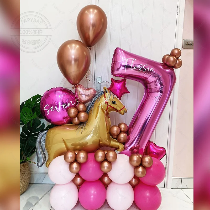 

51Pcs Cowgirl Pink Balloon Kit with Horse Rose Red Number 1-9 Globos for Wedding Bachelorette Party Birthday Baby Bridal Shower