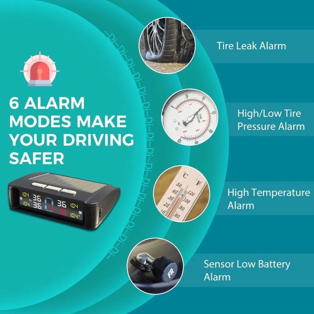 نظام مراقبة ضغط إطارات السيارة العالمي TPMS 4 أجهزة استشعار تعرض تحذير درجة حرارة ضغط الإطارات الذكي بالطاقة الشمسية